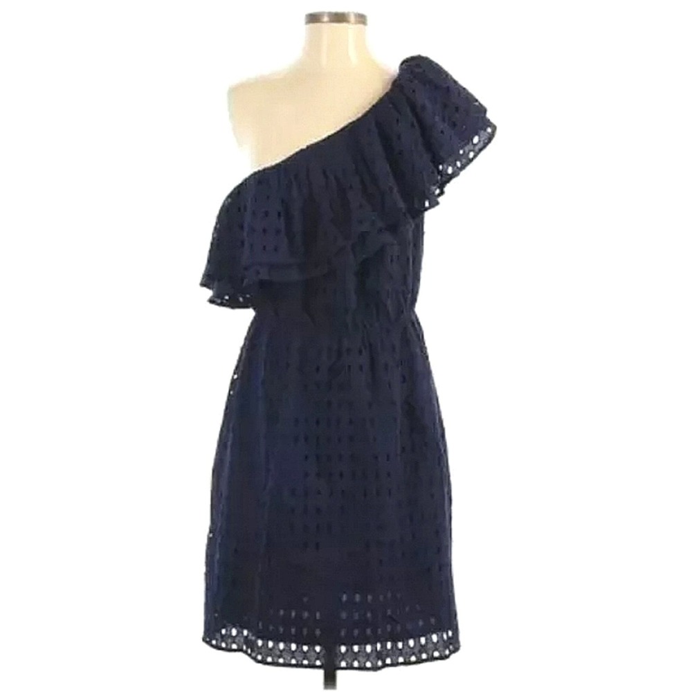 Chelsea & Theodore Navy One Shoulder Eyelet Dress Size L - Picture 1 of 9